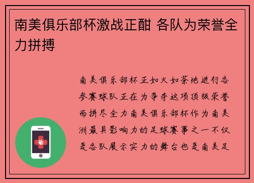 南美俱乐部杯激战正酣 各队为荣誉全力拼搏
