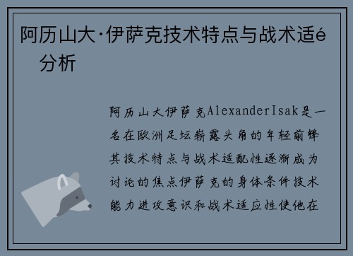 阿历山大·伊萨克技术特点与战术适配分析