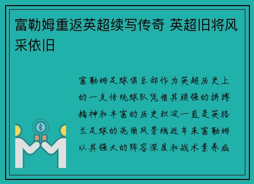 富勒姆重返英超续写传奇 英超旧将风采依旧 富勒姆重返英超续写传奇 英超旧将风采依旧